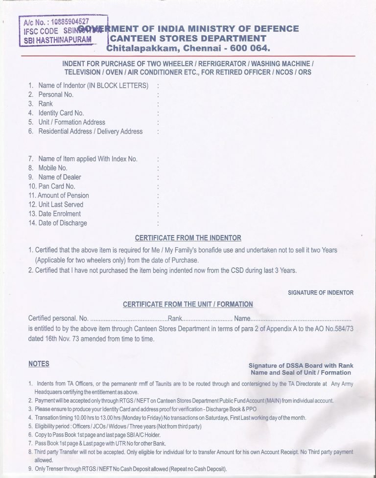 CSD Application Form for Retired Officers