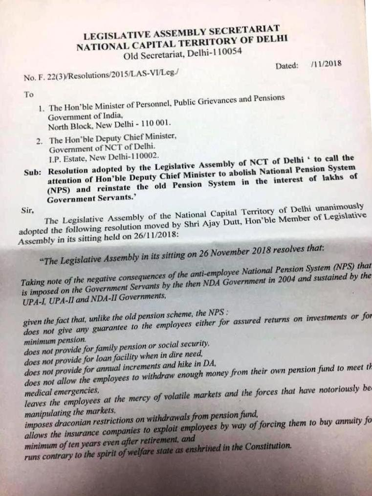 Resolution adopted by Legislative Assembly of NCT of Delhi