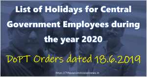 List of Holidays for Central Government Employees during the year 2020