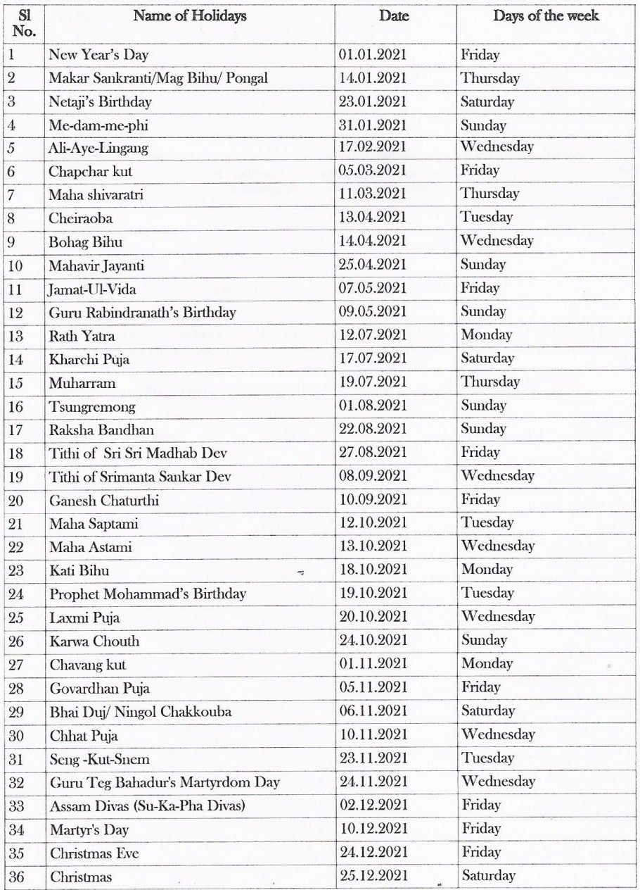 Assam ESIC Office Holiday List 2021 ESIC Calendar Holidays 2021 In