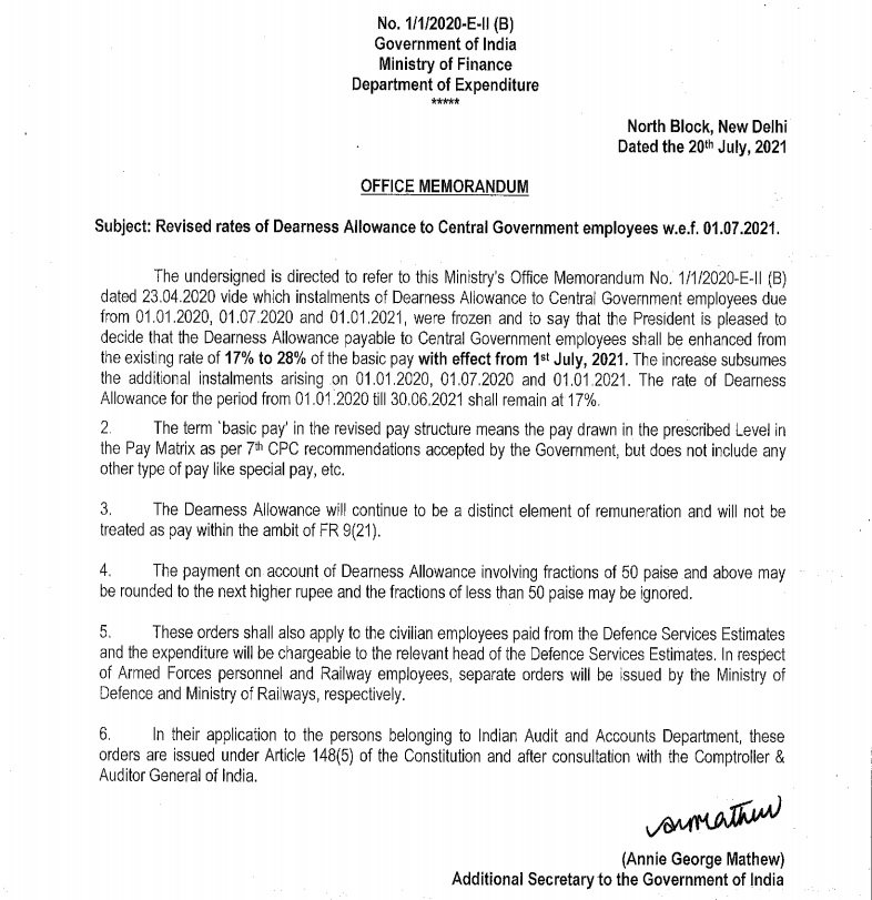 Central Government DA Order July 2021 PDF DA Order from July 2021 PDF