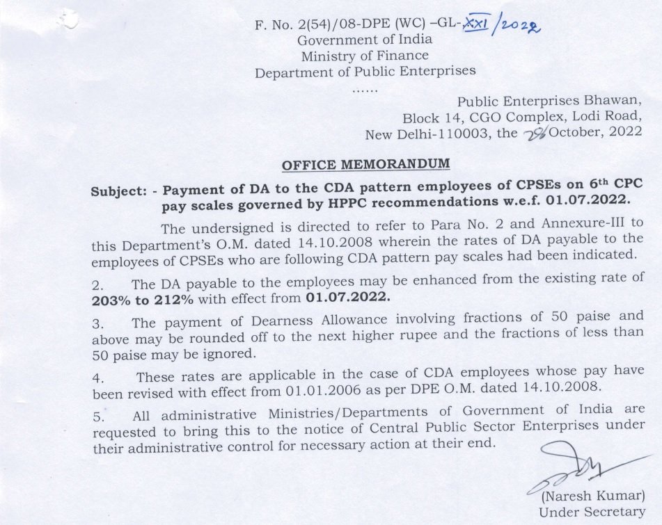 6th CPC DA Order from July 2022 to CPSE Employees PDF Download
