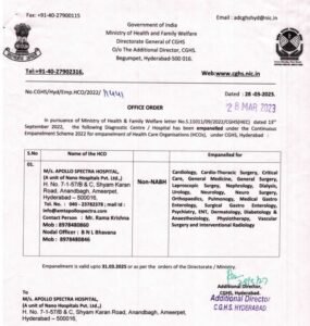 Apollo Spectra Hospital, Ameerpet, Hyderabad Under CGHS Scheme PDF