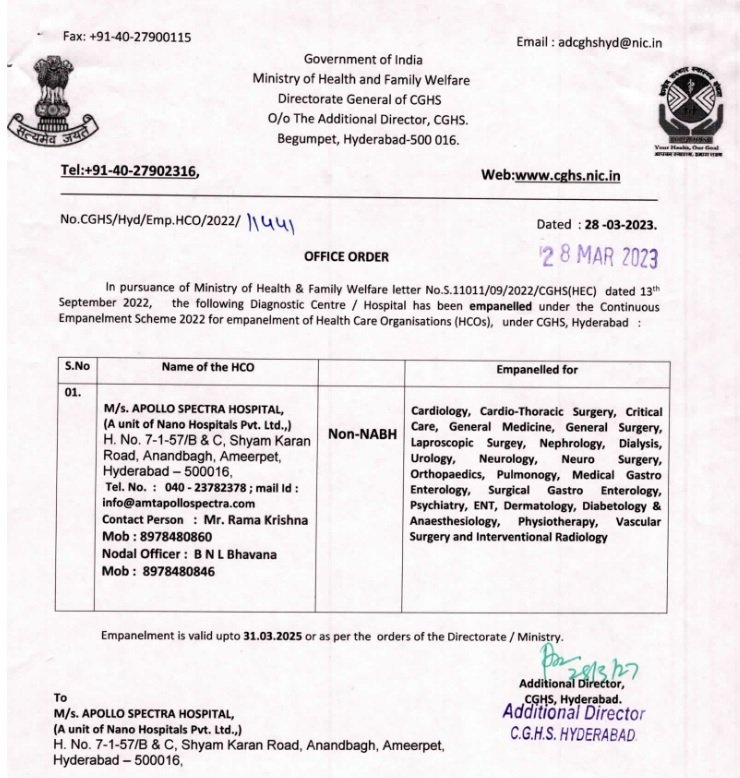 Apollo Spectra Hospital, Ameerpet, Hyderabad Under CGHS Scheme PDF