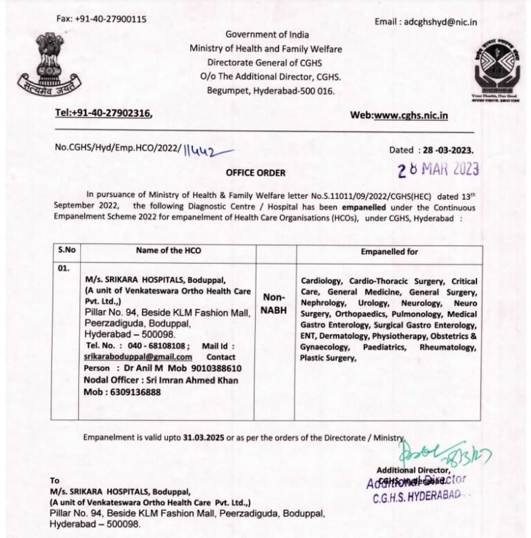 Srikara Hospitals, Boduppal, Hyderabad Under CGHS Scheme PDF