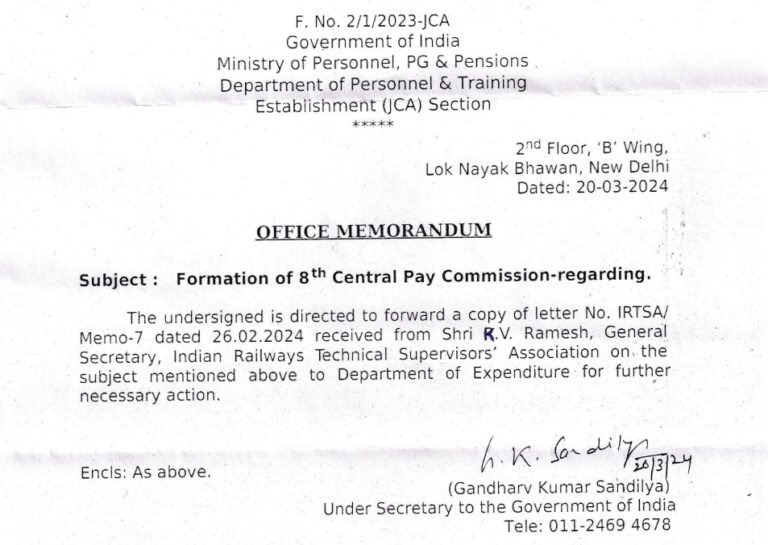 Formation of 8th Central Pay Commission IRTSA Memo Forwarded to Ministry of Finance