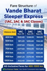 Fare Structure of Vande Bharat Sleeper Express 1AC, 2AC & 3AC