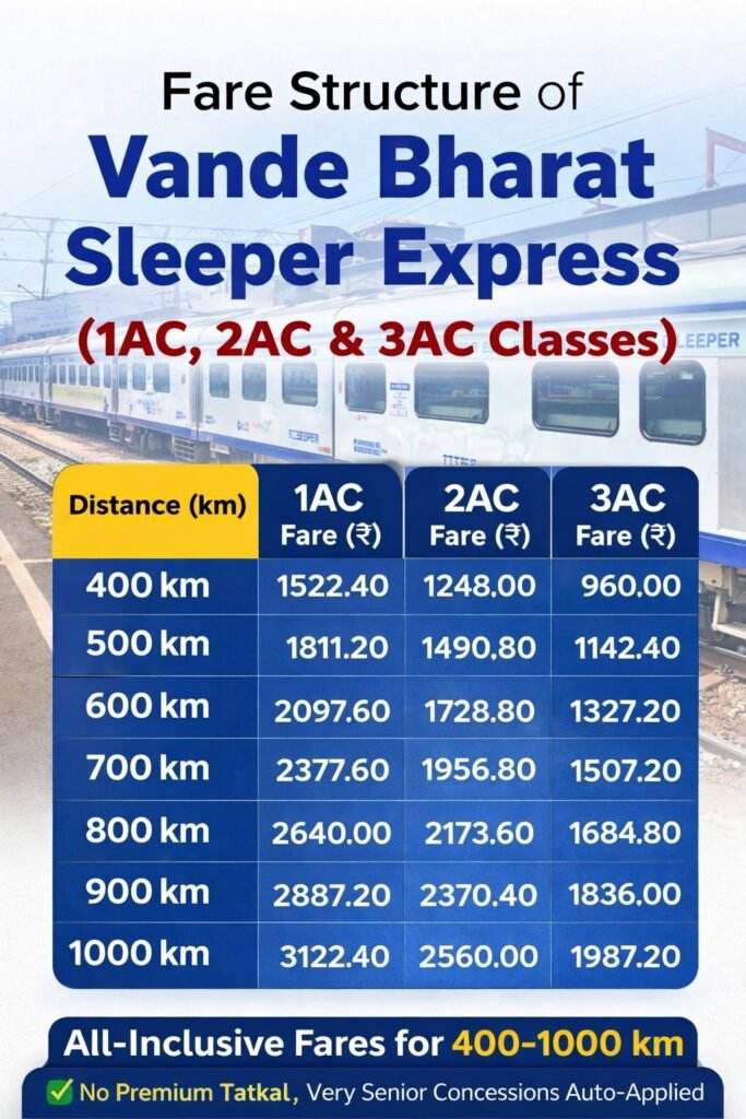 Fare Structure of Vande Bharat Sleeper Express 1AC, 2AC & 3AC