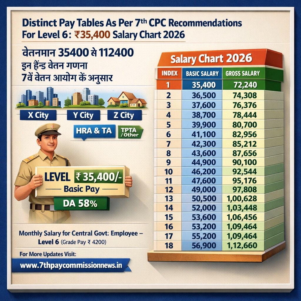 Distinct Pay Tables As Per 7th CPC Recommendations For Level 6 in 2026