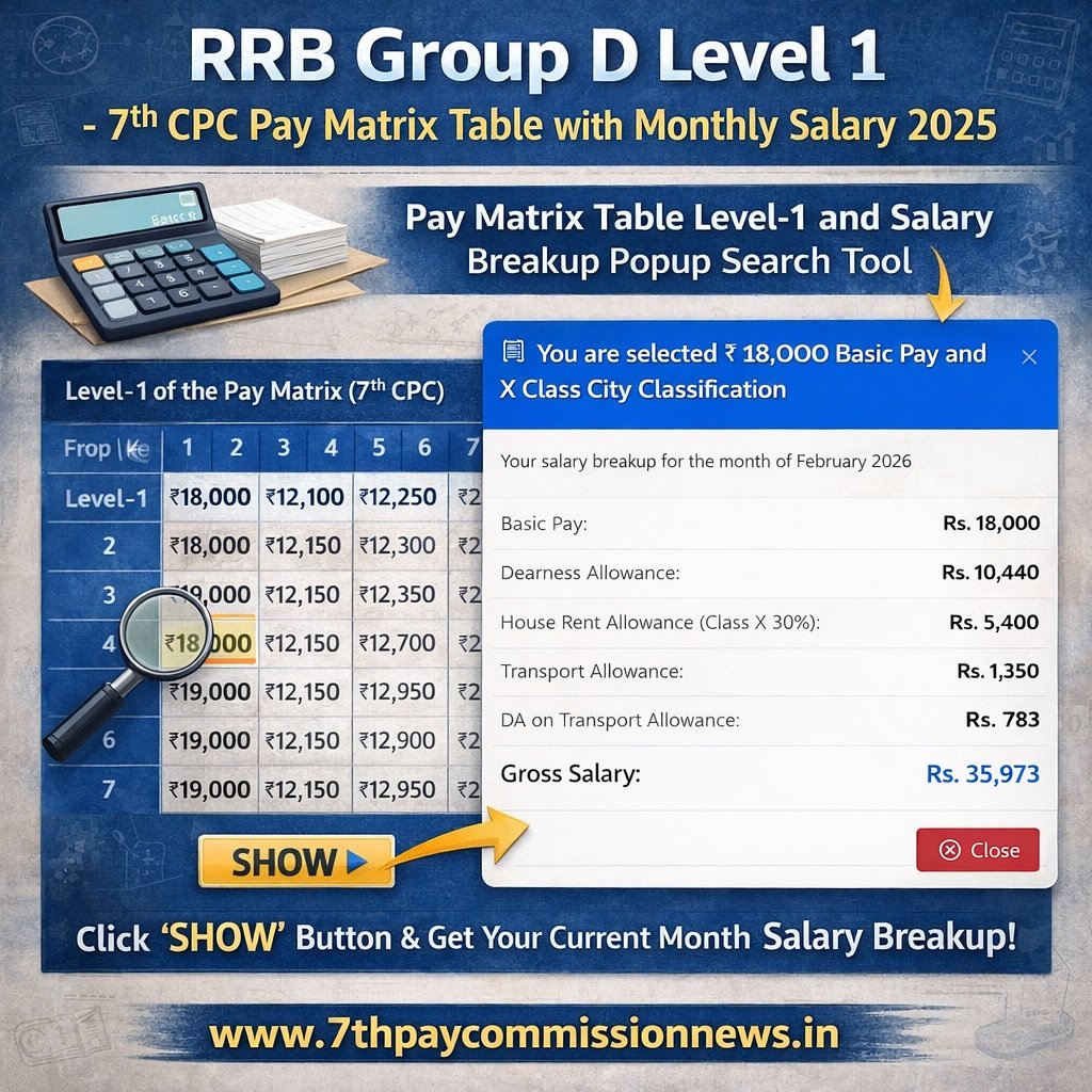 RRB Group D Level 1 - 7th CPC Pay Matrix Table with Monthly Salary 2026