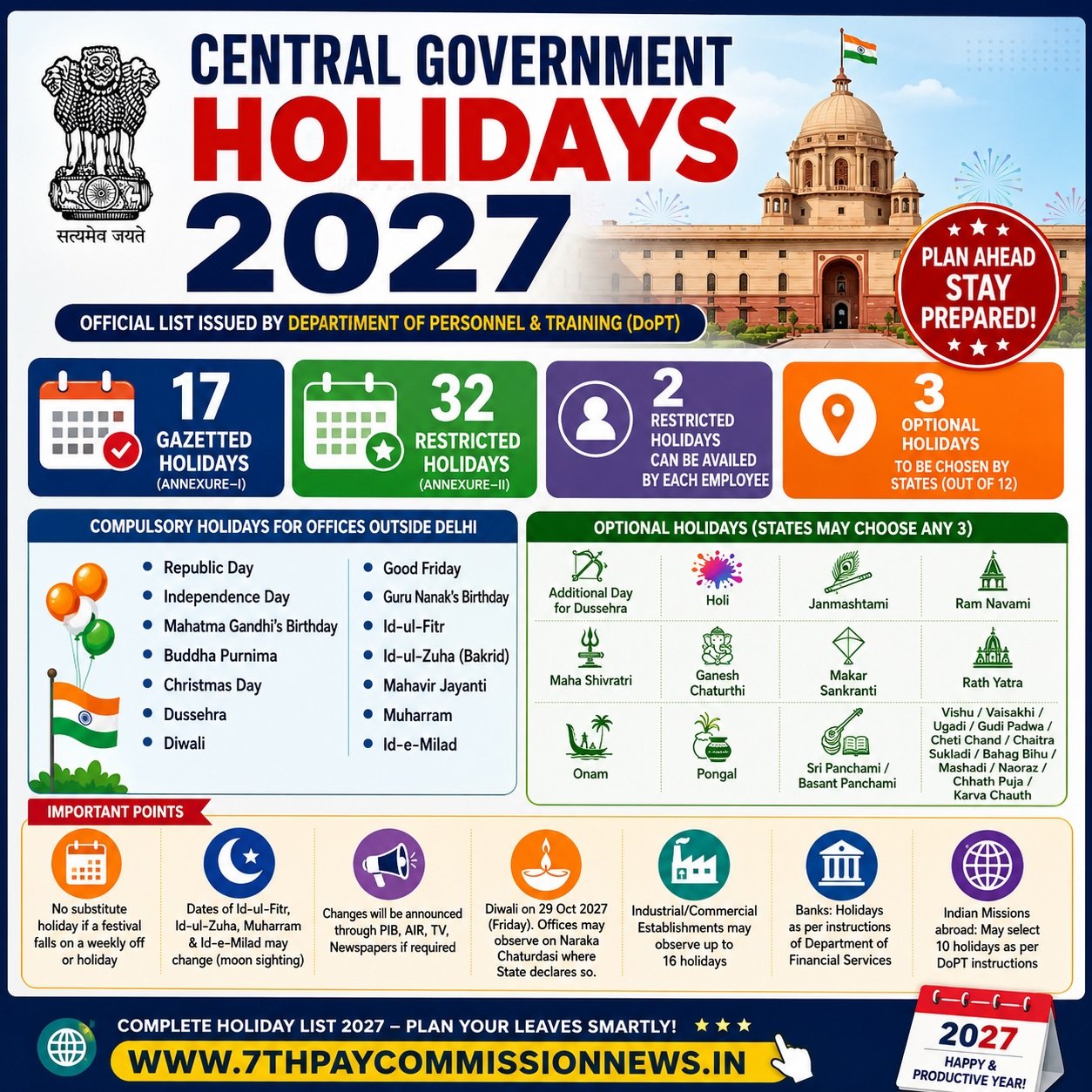 Central Government Holidays 2027 PDF DOWNLOAD