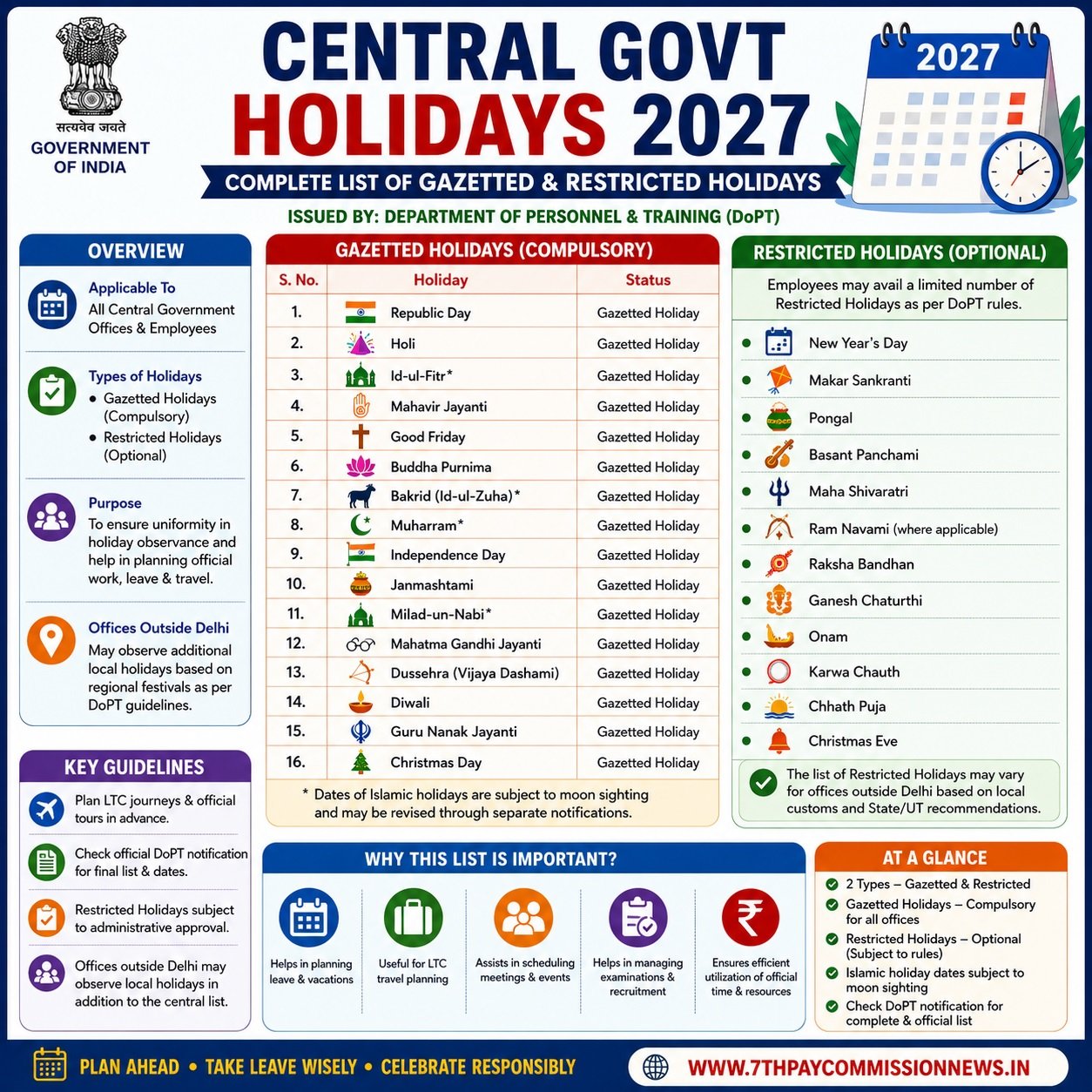 Central Government Holidays 2027 PDF