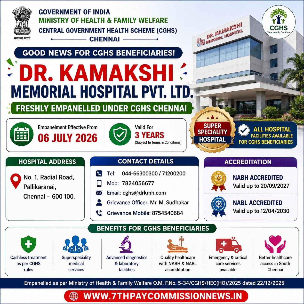 Dr. Kamakshi Memorial Hospital Freshly Empanelled under CGHS Chennai